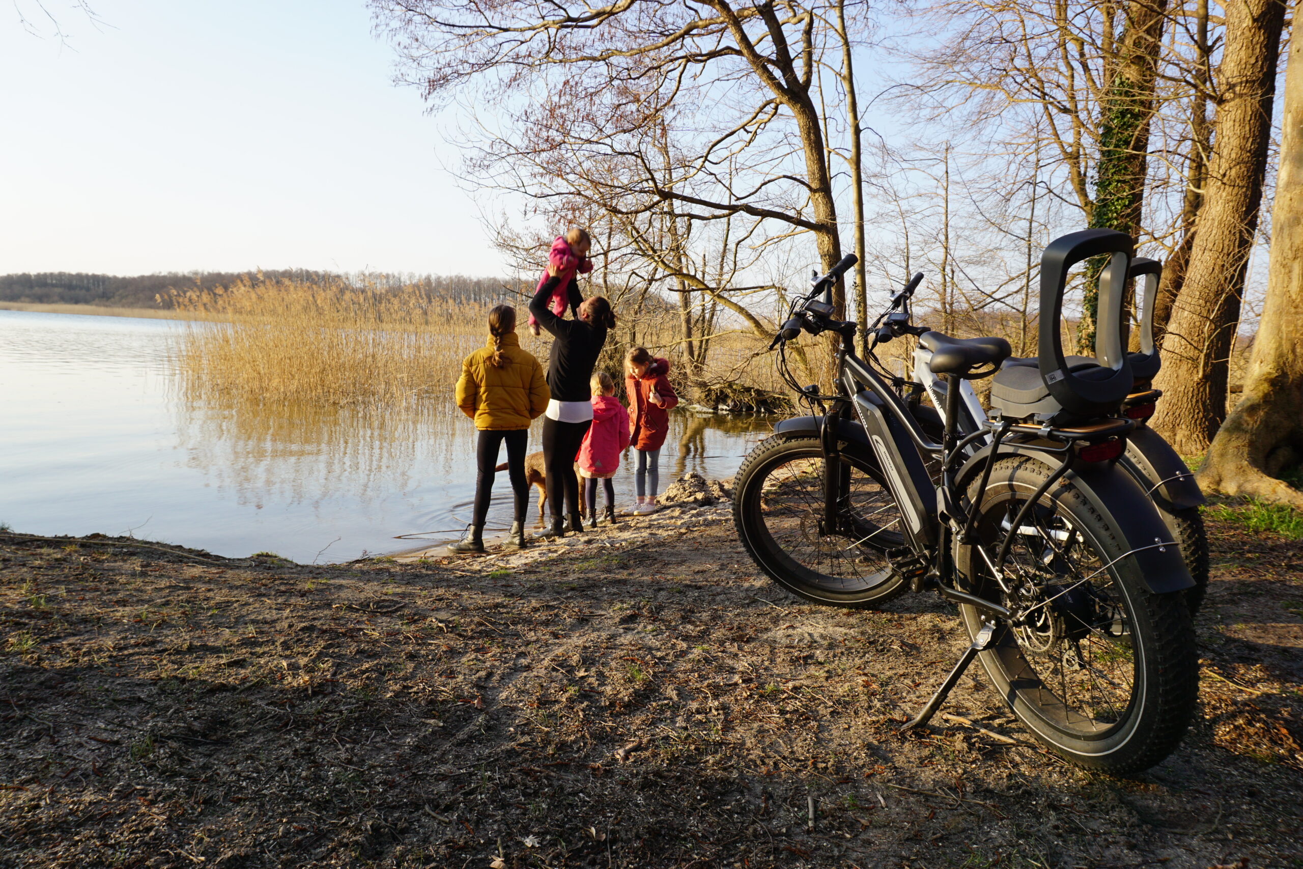 Familie mit Fahrrädern am Ufer des Ruppiner Sees