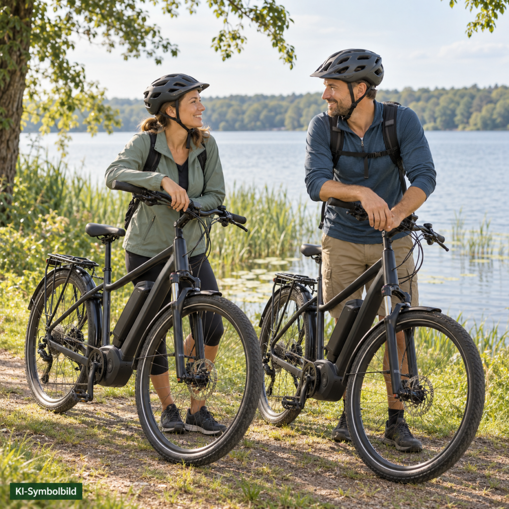 KI-Symbolbild: Zwei Erwachsene mit Fahrradhelmen und E-Bikes bei einer Pause am See