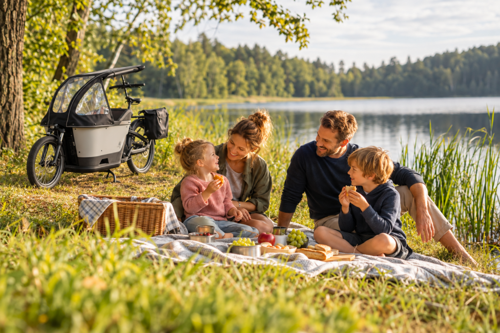 KI-Symbolbild: Familie mit zwei Kindern beim Picknick am See mit geparktem E-Lastenrad im Hintergrund