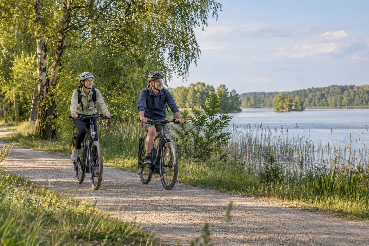 KI-generiertes Stimmungsmotiv: zwei Erwachsene fahren mit Helmen auf E-Bikes an einem See.