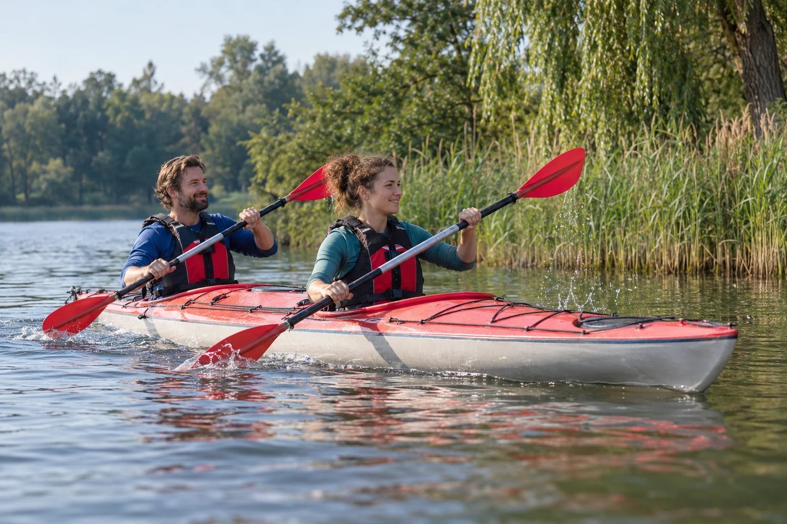 KI-generiertes Stimmungsmotiv: zwei Erwachsene mit Schwimmwesten paddeln gemeinsam im Zweier-Kajak.